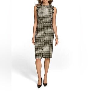 Donna Karan Houndstooth Metallic Tweed Crew Neck Sleeveless Sheath Dress